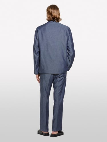  Erkek İndigo Keten Karışımlı Gizli Düğmeli Astarsız Ceket