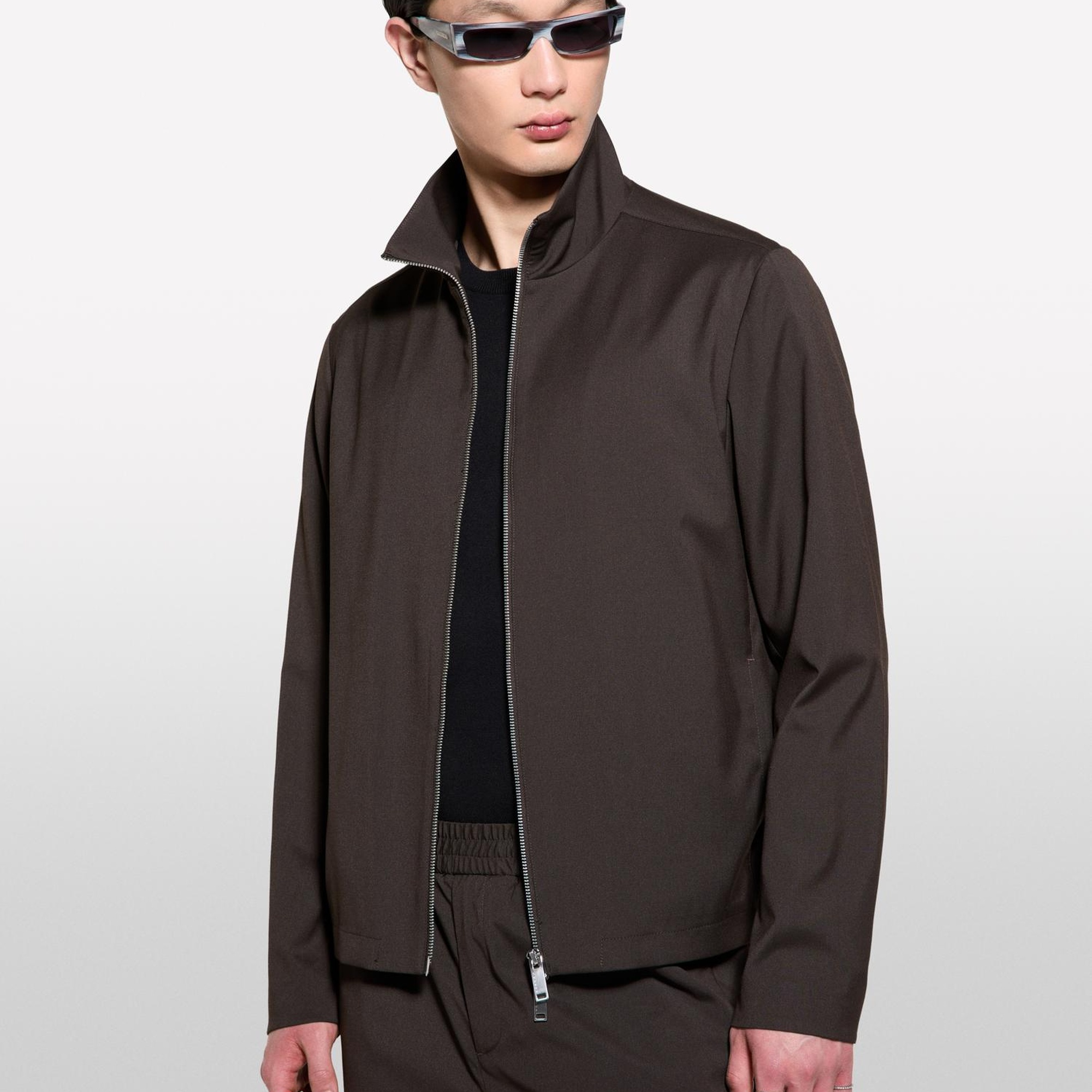 Erkek Açık Mavi Viskoz Karışımlı Logo Detaylı Fermuarlı Ceket