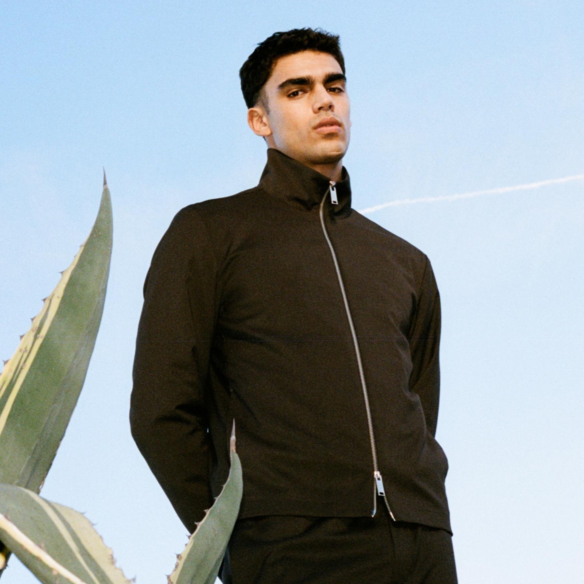 Erkek Açık Mavi Viskoz Karışımlı Logo Detaylı Fermuarlı Ceket