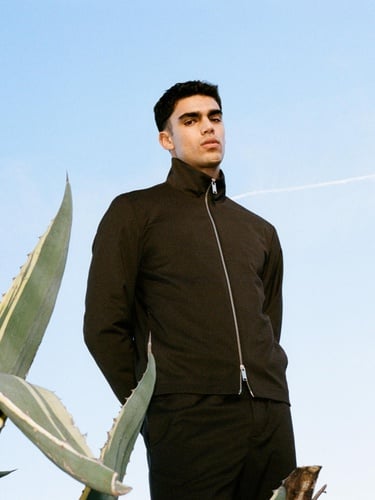  Erkek Açık Mavi Viskoz Karışımlı Logo Detaylı Fermuarlı Ceket