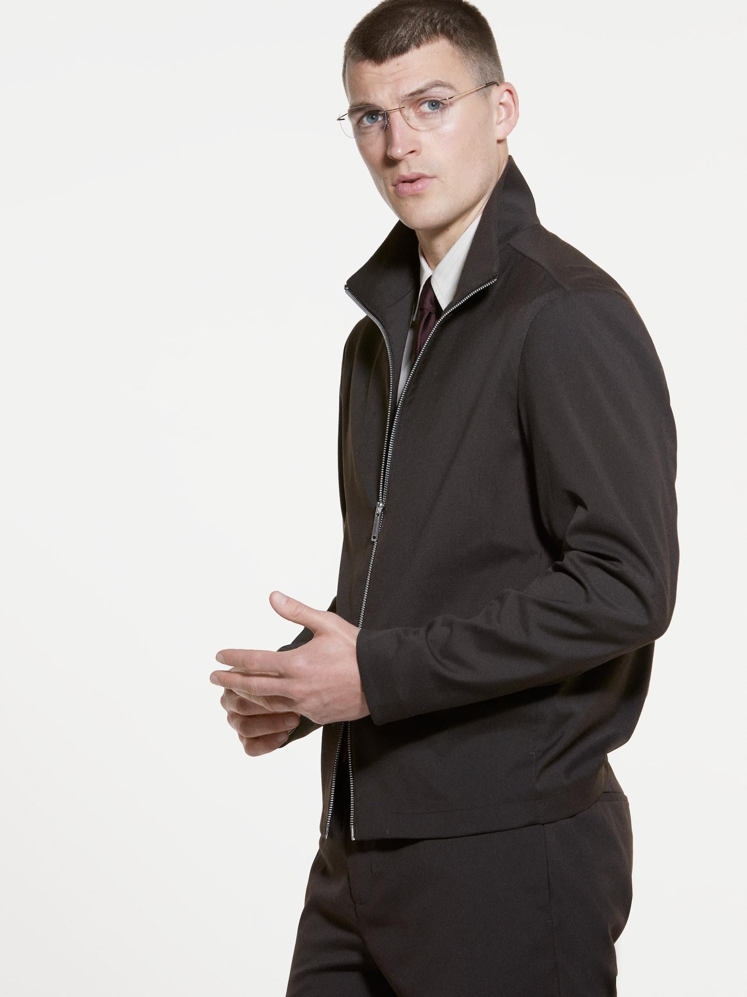  Erkek Açık Mavi Viskoz Karışımlı Logo Detaylı Fermuarlı Ceket