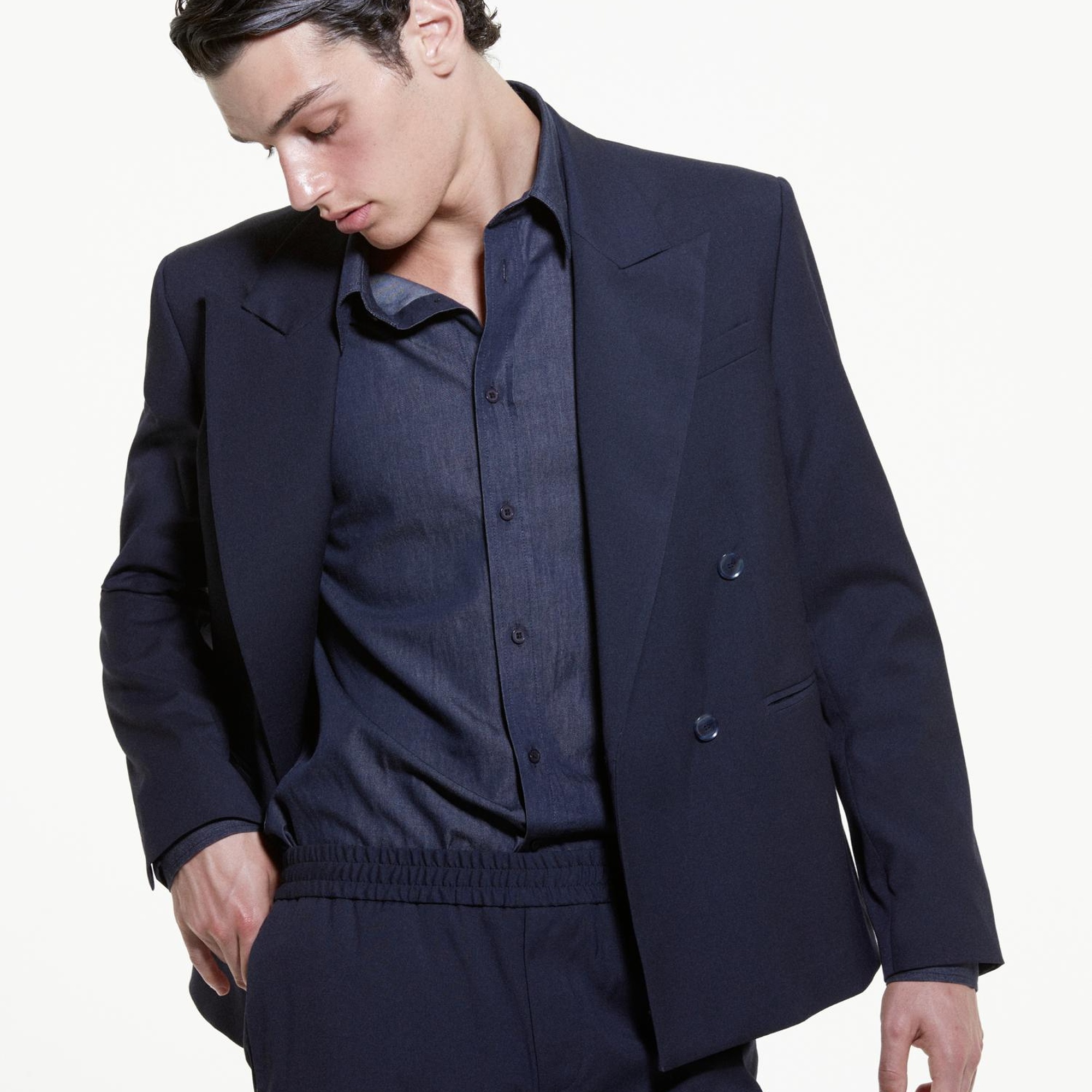 Erkek Koyu Lacivert Viskoz Karışımlı Kruvaze Regular Fit Blazer Ceket