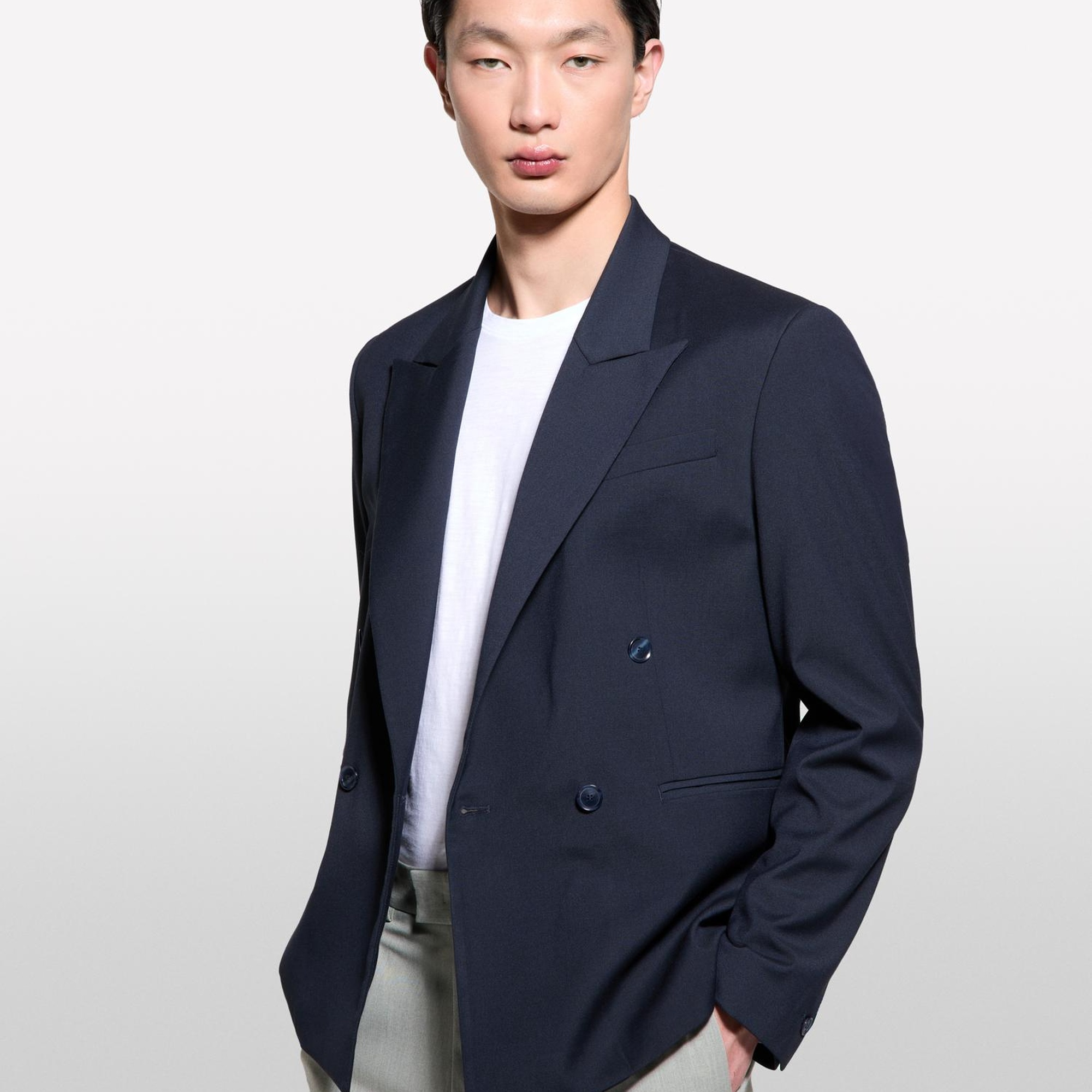 Erkek Koyu Lacivert Viskoz Karışımlı Kruvaze Regular Fit Blazer Ceket