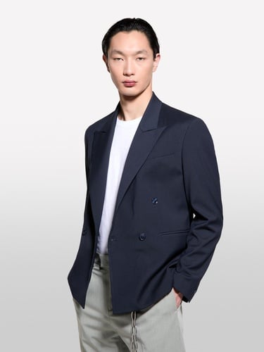  Erkek Koyu Lacivert Viskoz Karışımlı Kruvaze Regular Fit Blazer Ceket