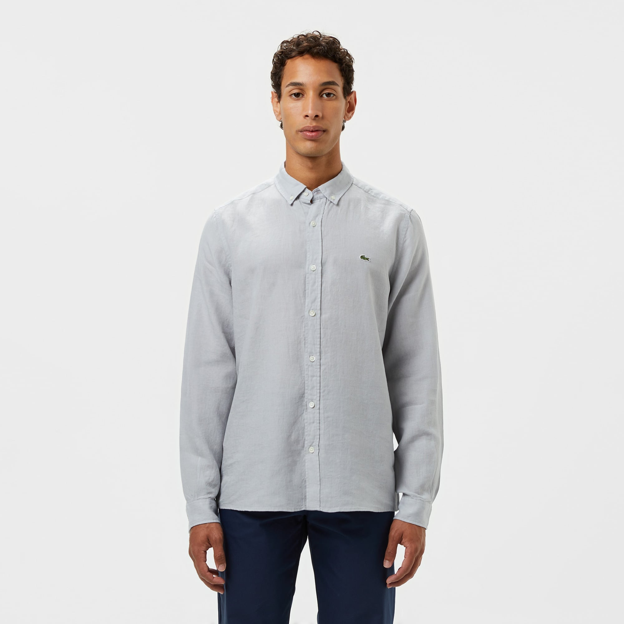Lacoste Erkek Regular Fit Düğmeli Yaka Keten Gri Gömlek