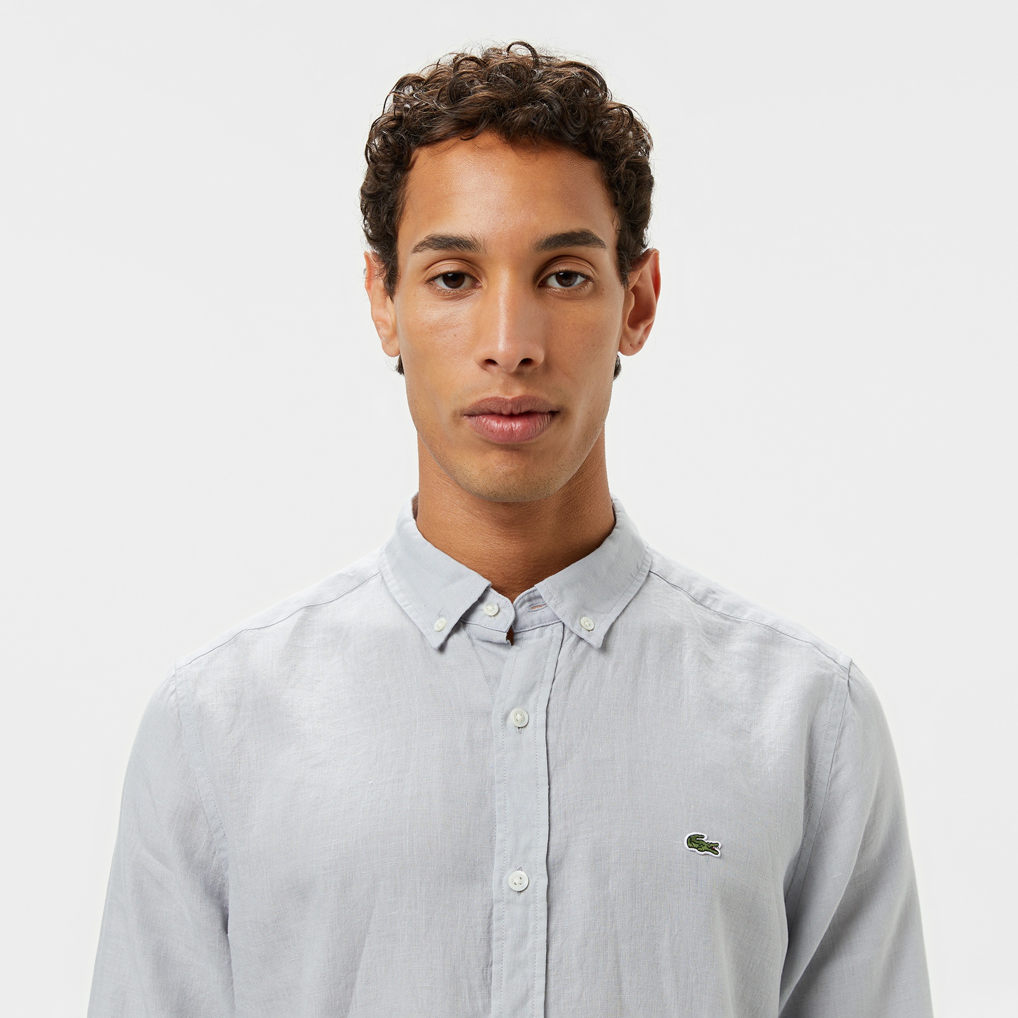 Lacoste Erkek Regular Fit Düğmeli Yaka Keten Gri Gömlek