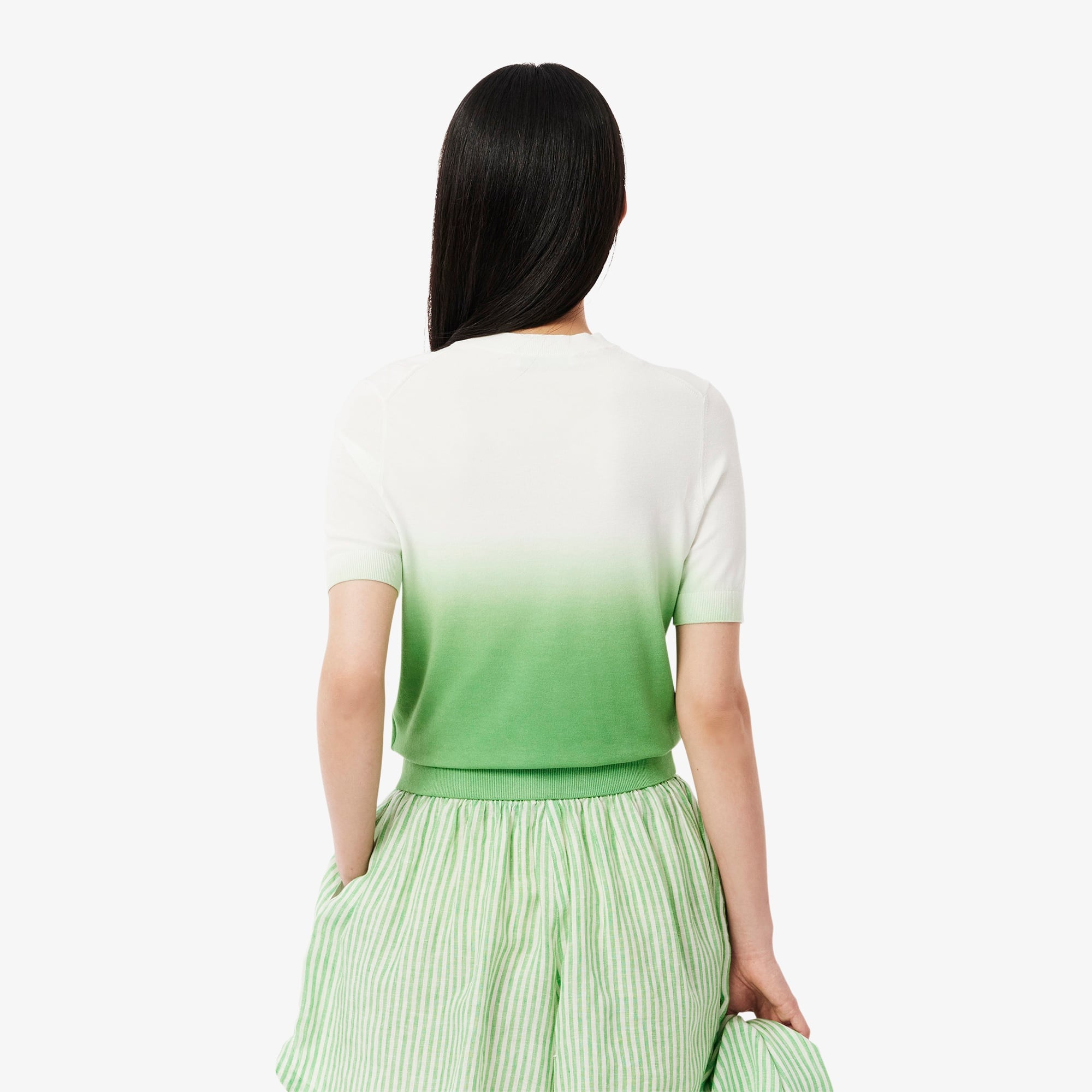 Lacoste Kadın Classic Fit Kısa Kollu Bisiklet Yaka Renk Bloklu Yeşil Triko