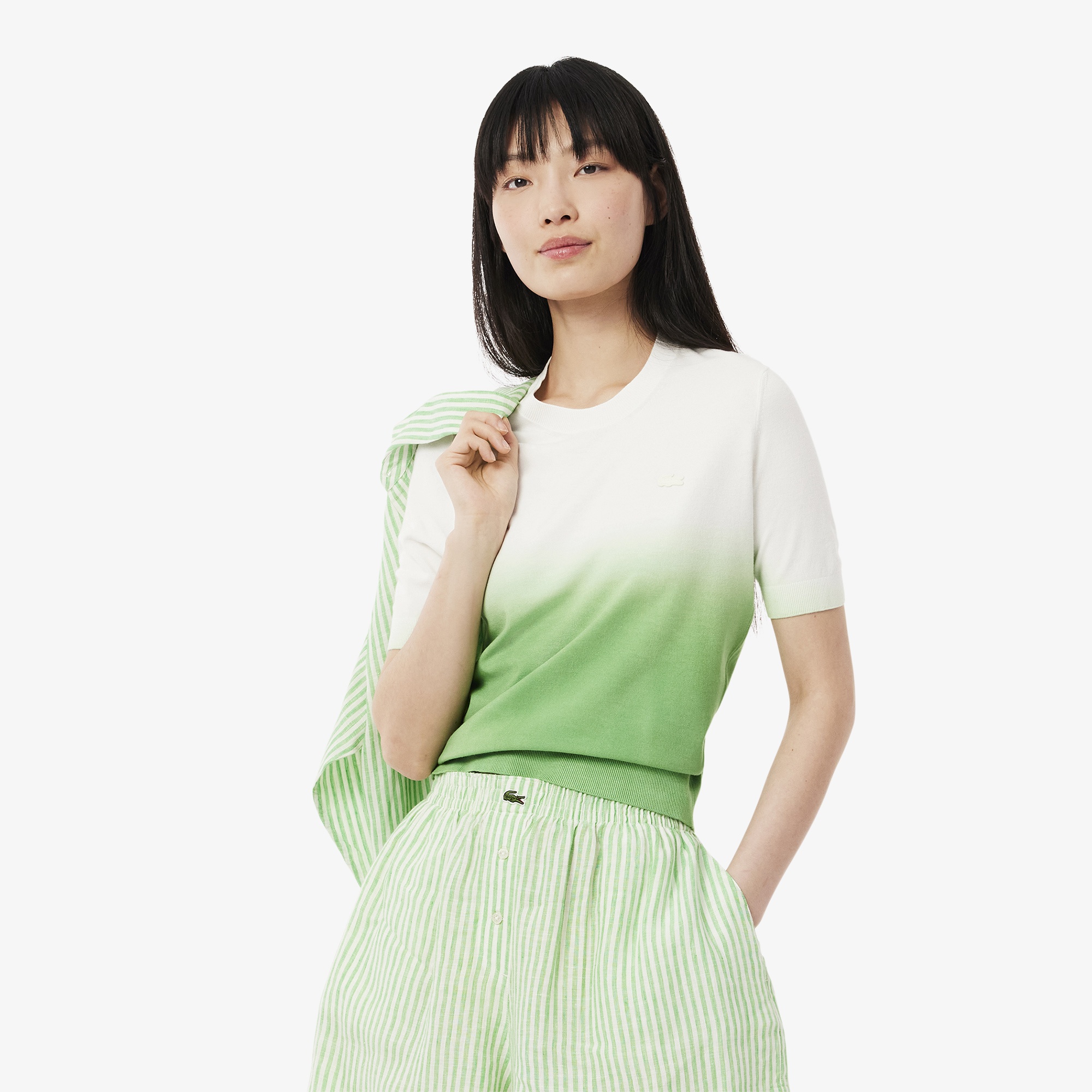 Lacoste Kadın Classic Fit Kısa Kollu Bisiklet Yaka Renk Bloklu Yeşil Triko