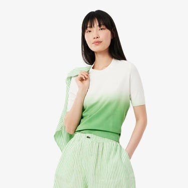  Lacoste Kadın Classic Fit Kısa Kollu Bisiklet Yaka Renk Bloklu Yeşil Triko