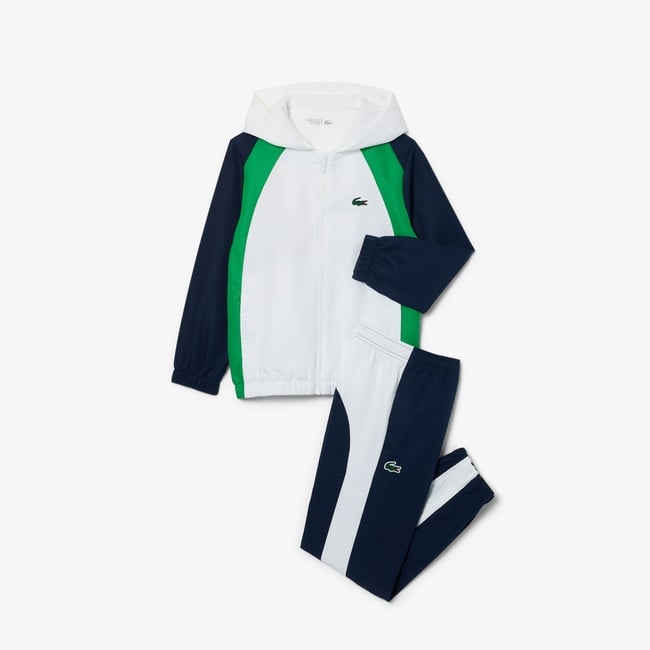  Lacoste Çocuk Kapüşonlu Renk Bloklu Beyaz Eşofman Takımı