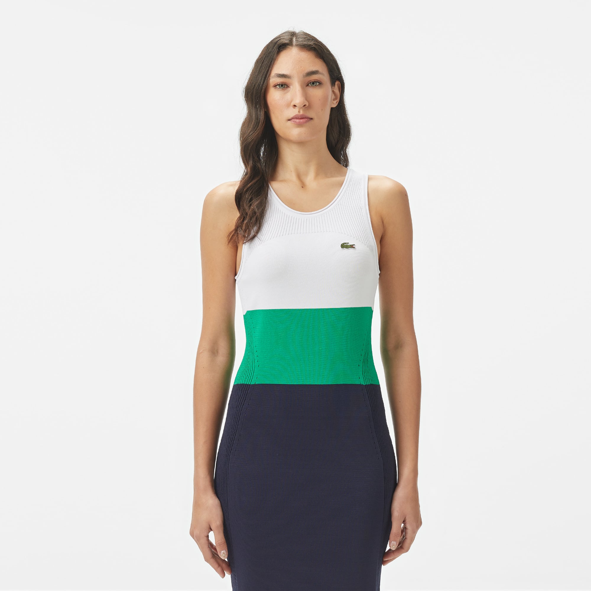  Kadın Slim Fit Kolsuz Bisiklet Yaka Renk Bloklu Lacivert Elbise