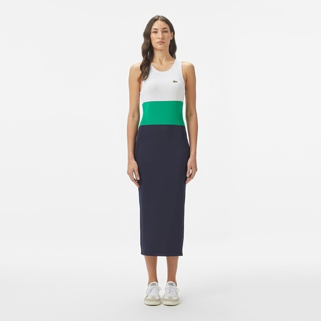  Lacoste Kadın Slim Fit Kolsuz Bisiklet Yaka Renk Bloklu Lacivert Elbise