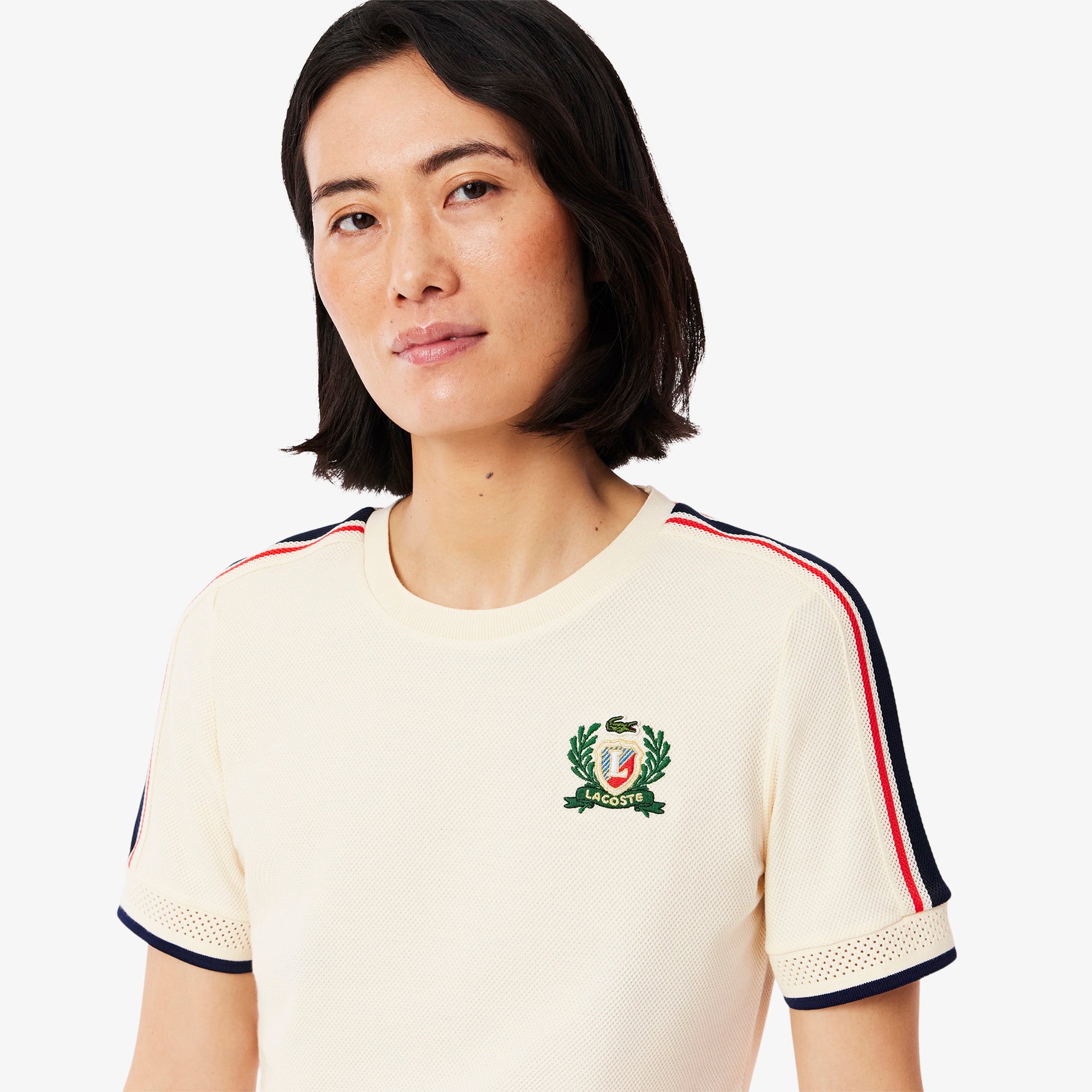 Lacoste Kadın Slim Fit Bisiklet Yaka Renk Bloklu Krem T-Shirt