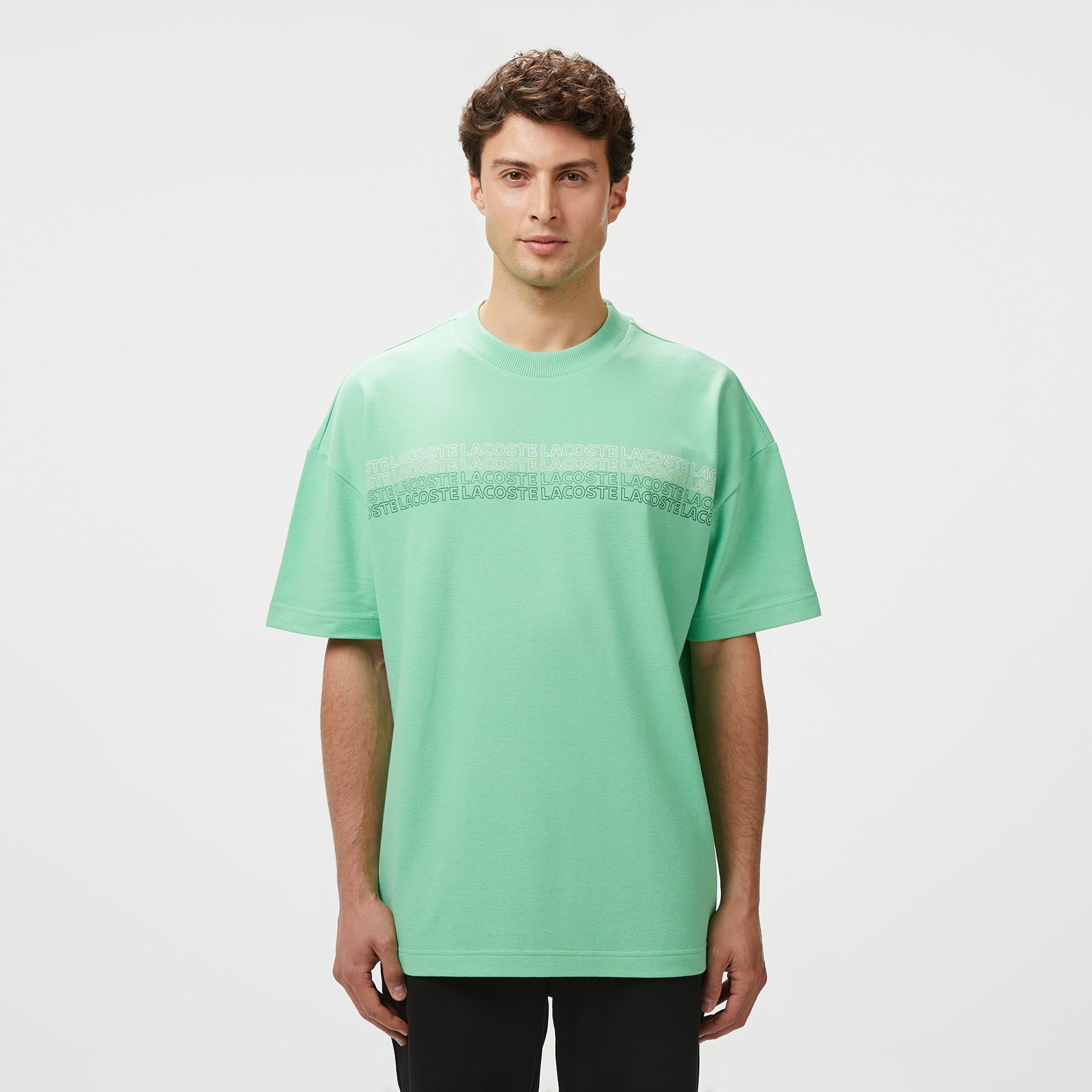 Lacoste Erkek Oversize Fit Bisiklet Yaka Baskılı Açık Yeşil T-Shirt