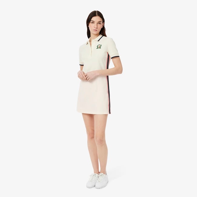  Lacoste Kadın Slim Fit Kısa Kollu Polo Yaka Renk Bloklu Krem Elbise