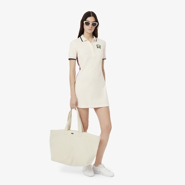 Lacoste Kadın Slim Fit Kısa Kollu Polo Yaka Renk Bloklu Krem Elbise