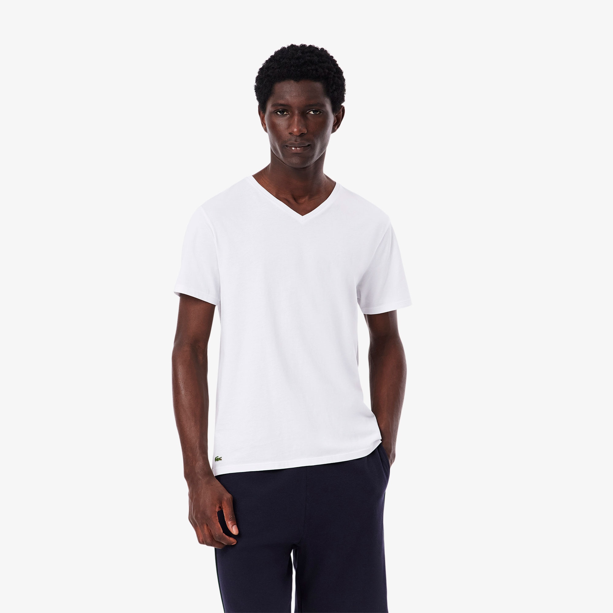 Lacoste Erkek Slim Fit Kısa Kollu V Yaka 3'lü Beyaz Pijama Üstü