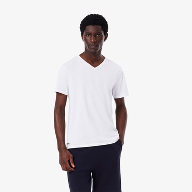  Lacoste Erkek Slim Fit Kısa Kollu V Yaka 3'lü Beyaz Pijama Üstü