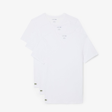  Lacoste Erkek Slim Fit Kısa Kollu V Yaka 3'lü Beyaz Pijama Üstü