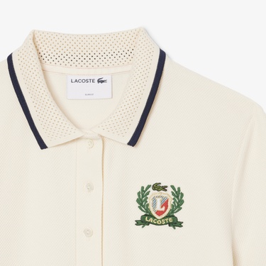 Lacoste Kadın Slim Fit Kısa Kollu Polo Yaka Renk Bloklu Krem Elbise
