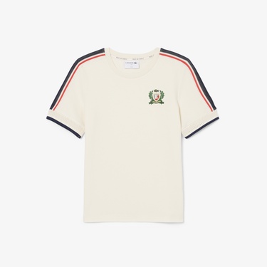  Lacoste Kadın Slim Fit Bisiklet Yaka Renk Bloklu Krem T-Shirt