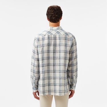  Erkek Regular Fit Ekose Keten Koyu Mavi Gömlek