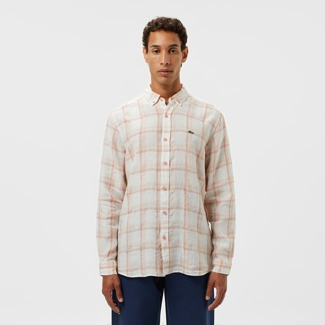  Lacoste Erkek Regular Fit Ekose Keten Açık Kahverengi Gömlek
