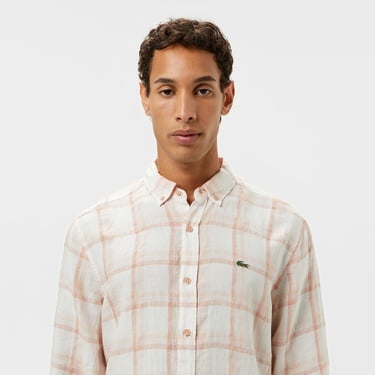  Lacoste Erkek Regular Fit Ekose Keten Açık Kahverengi Gömlek