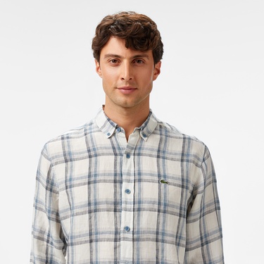  Erkek Regular Fit Ekose Keten Koyu Mavi Gömlek