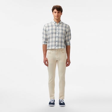  Erkek Regular Fit Ekose Keten Koyu Mavi Gömlek