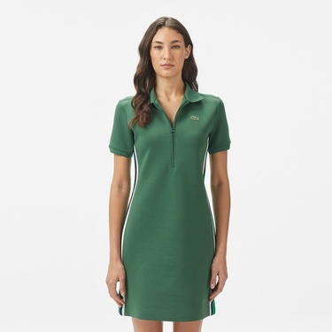  Kadın Classic Fit Kısa Kollu Yarım Fermuarlı Renk Bloklu Koyu Yeşil Elbise