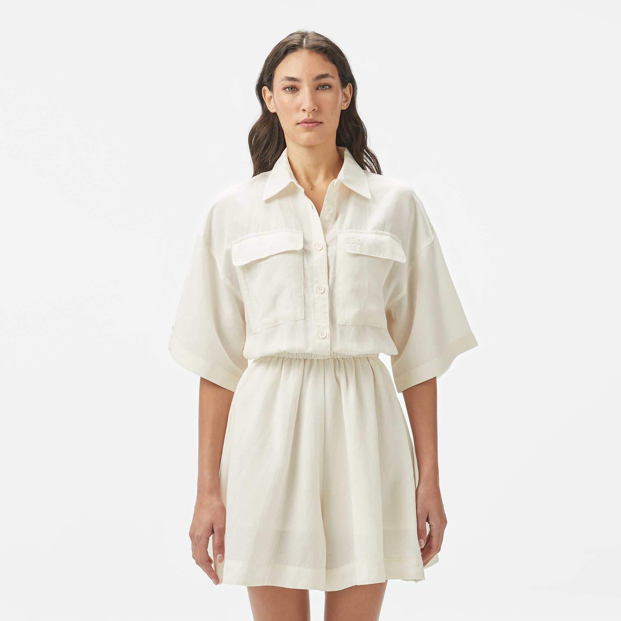  Kadın Flare Fit Kısa Kollu Gömlek Yaka Beyaz Elbise