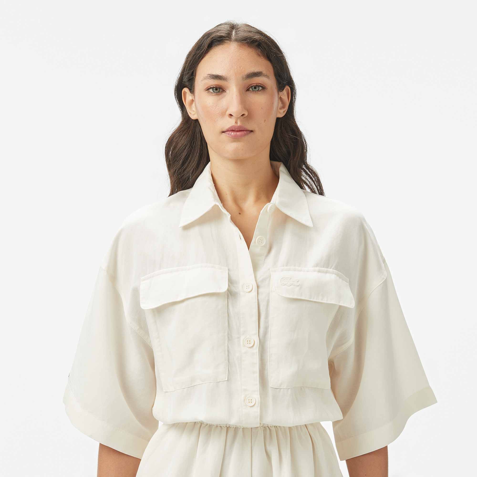 Lacoste Kadın Flare Fit Kısa Kollu Gömlek Yaka Beyaz Elbise