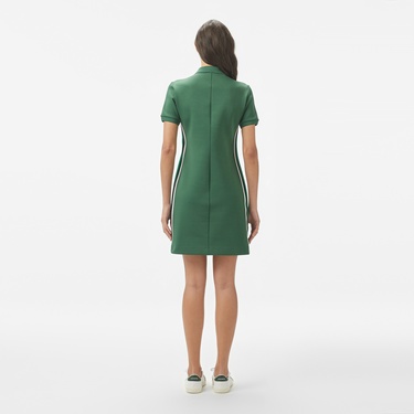  Kadın Classic Fit Kısa Kollu Yarım Fermuarlı Renk Bloklu Koyu Yeşil Elbise