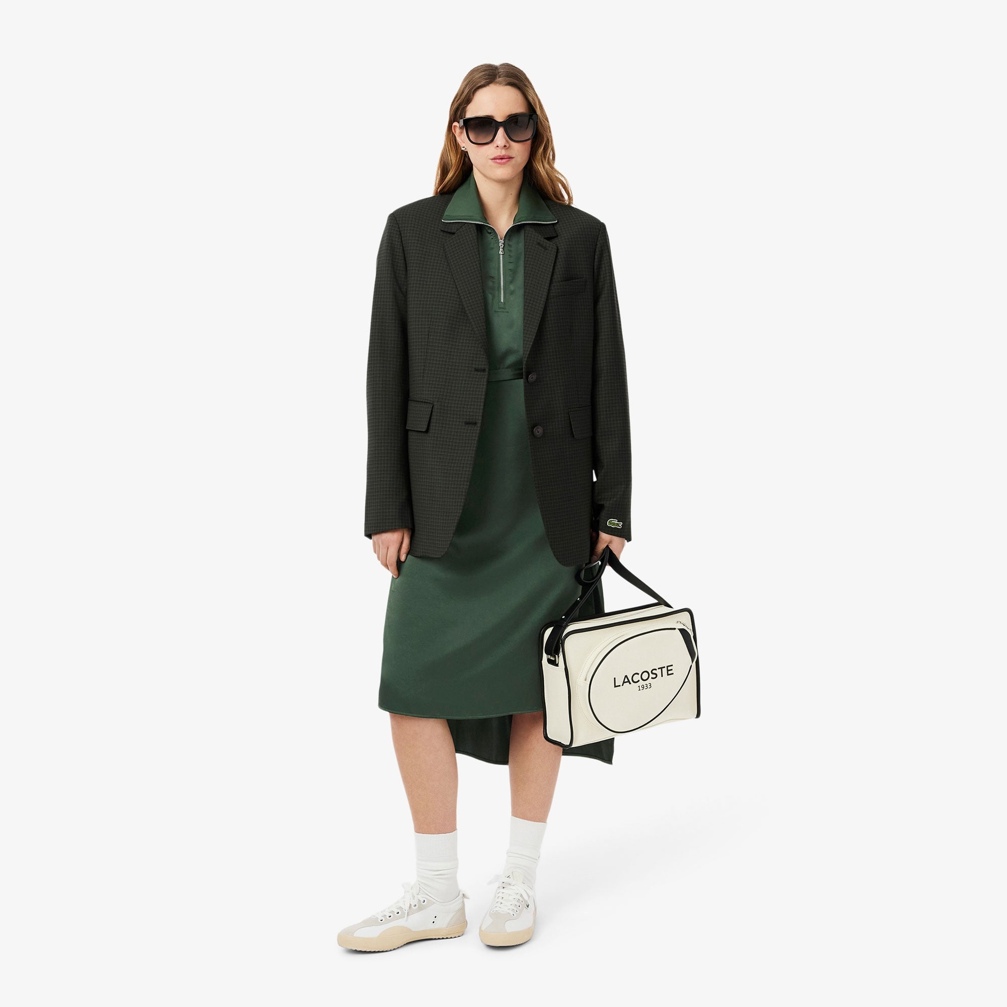 Lacoste Kadın Relaxed Fit Uzun Kollu Yarım Fermuarlı Koyu Yeşil Elbise