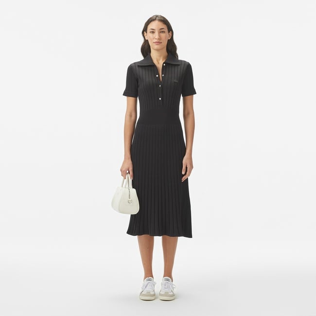  Lacoste Kadın Flare Fit Kısa Kollu Polo Yaka Siyah Elbise