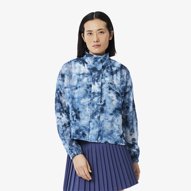  Kadın Relaxed Fit Dik Yaka Desenli Mavi Ceket