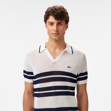  Lacoste Erkek Classic Fit Kısa Kollu Polo Yaka Çizgili Beyaz Triko