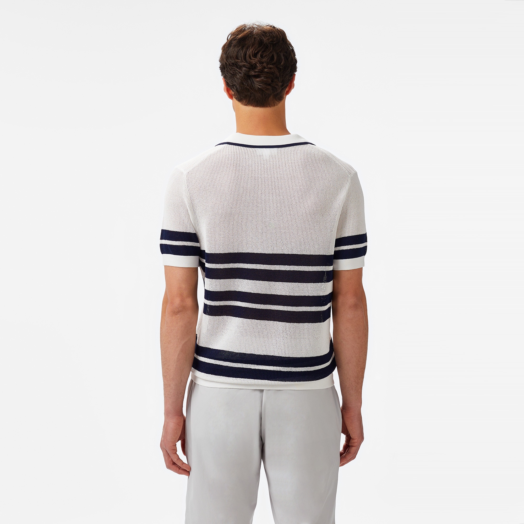 Erkek Classic Fit Kısa Kollu Polo Yaka Çizgili Beyaz Triko