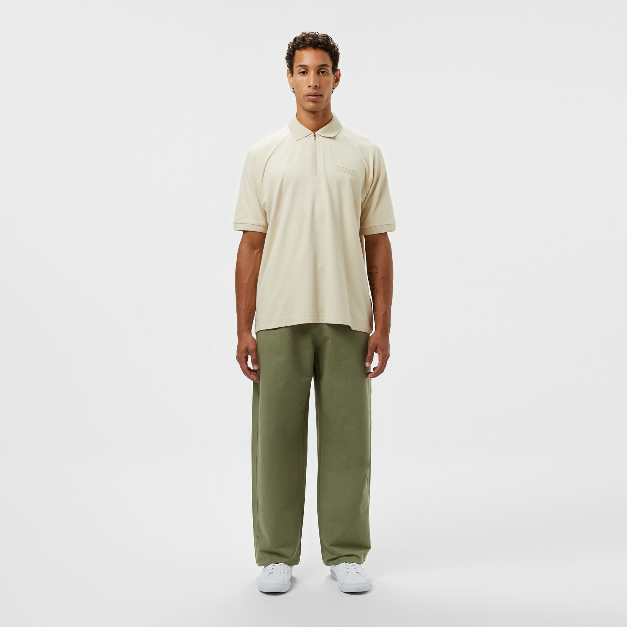 Lacoste Erkek Oversize Fit Yarım Fermuarlı Bej Polo
