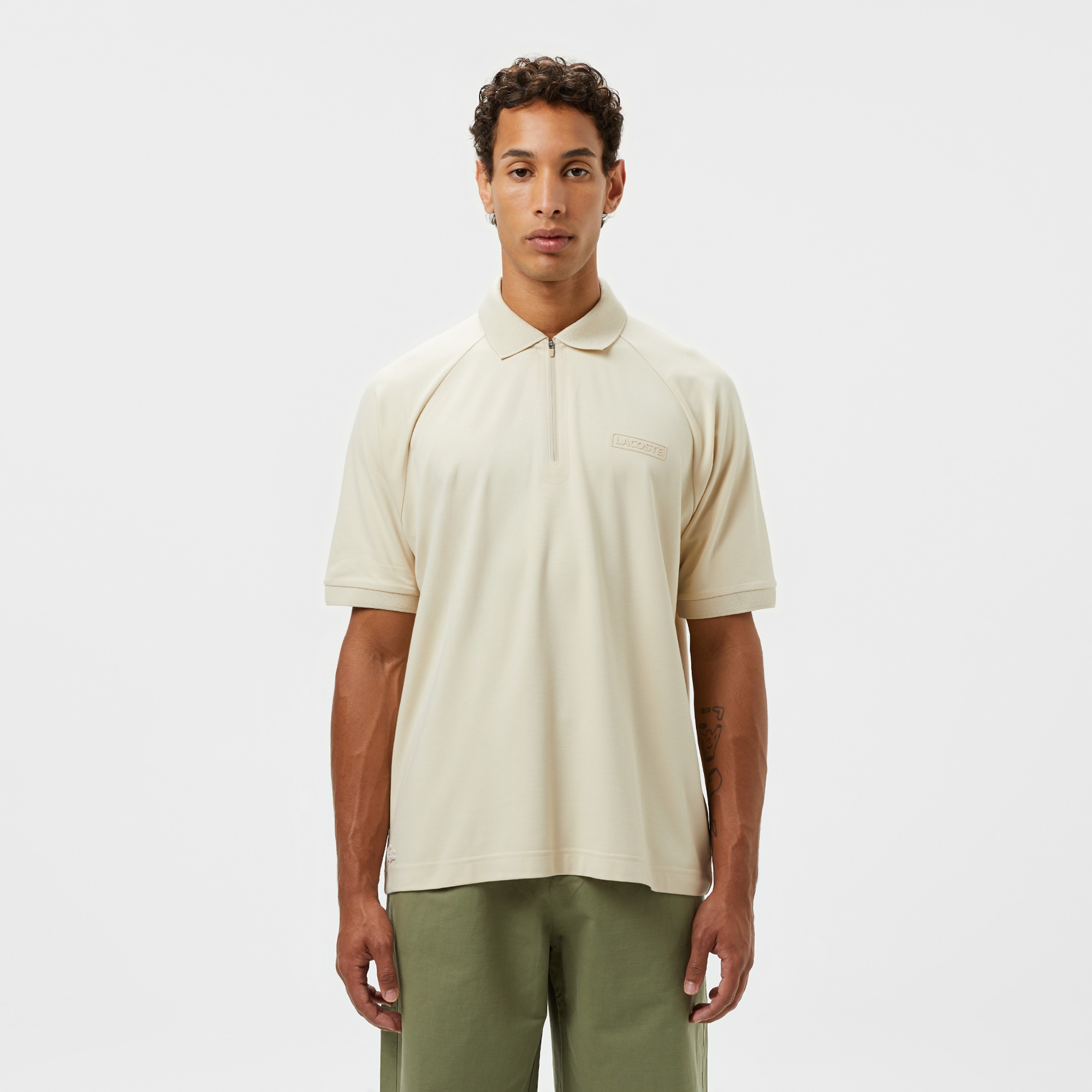 Lacoste Erkek Oversize Fit Yarım Fermuarlı Bej Polo
