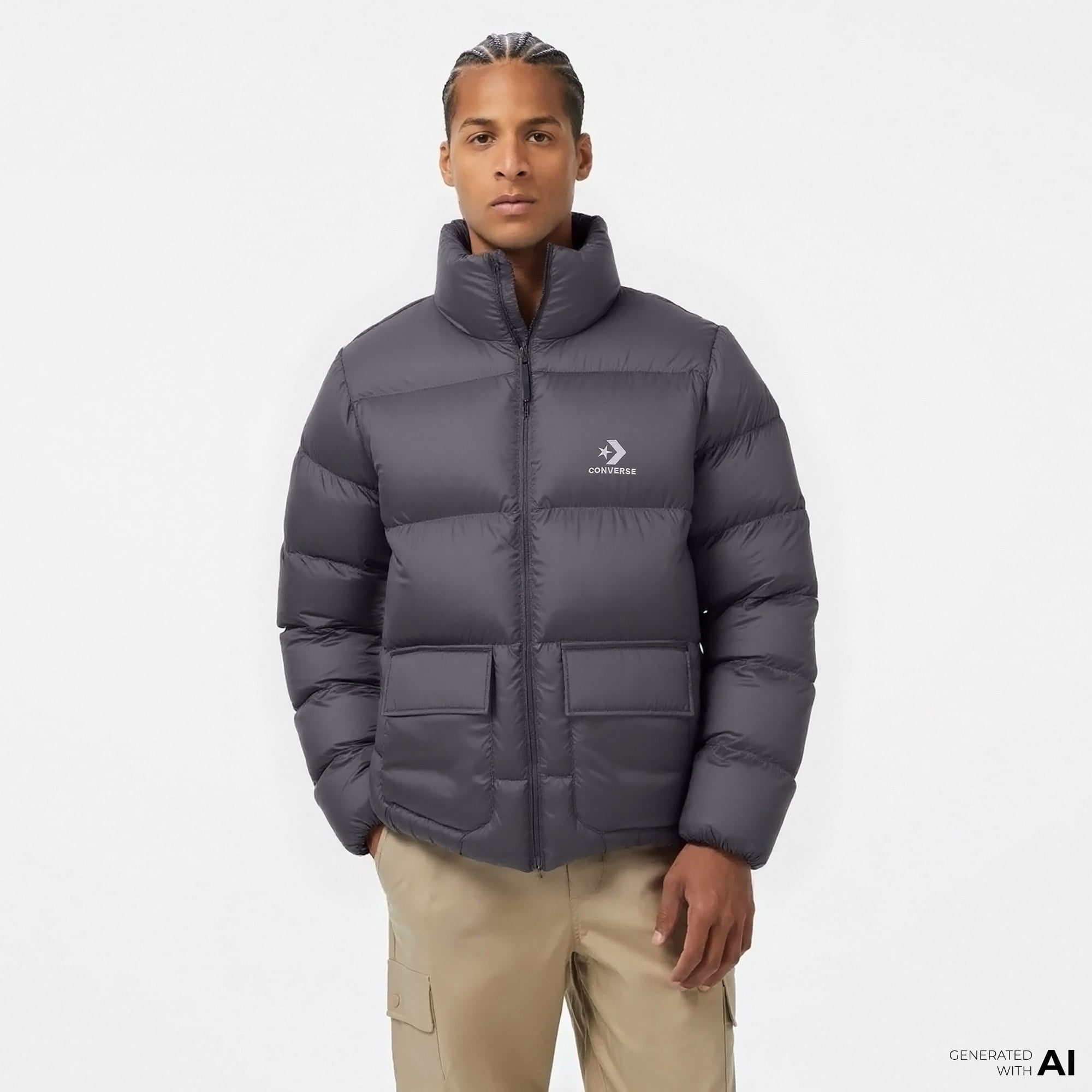  Converse Erkek Dik Yaka Gri Şişme Mont