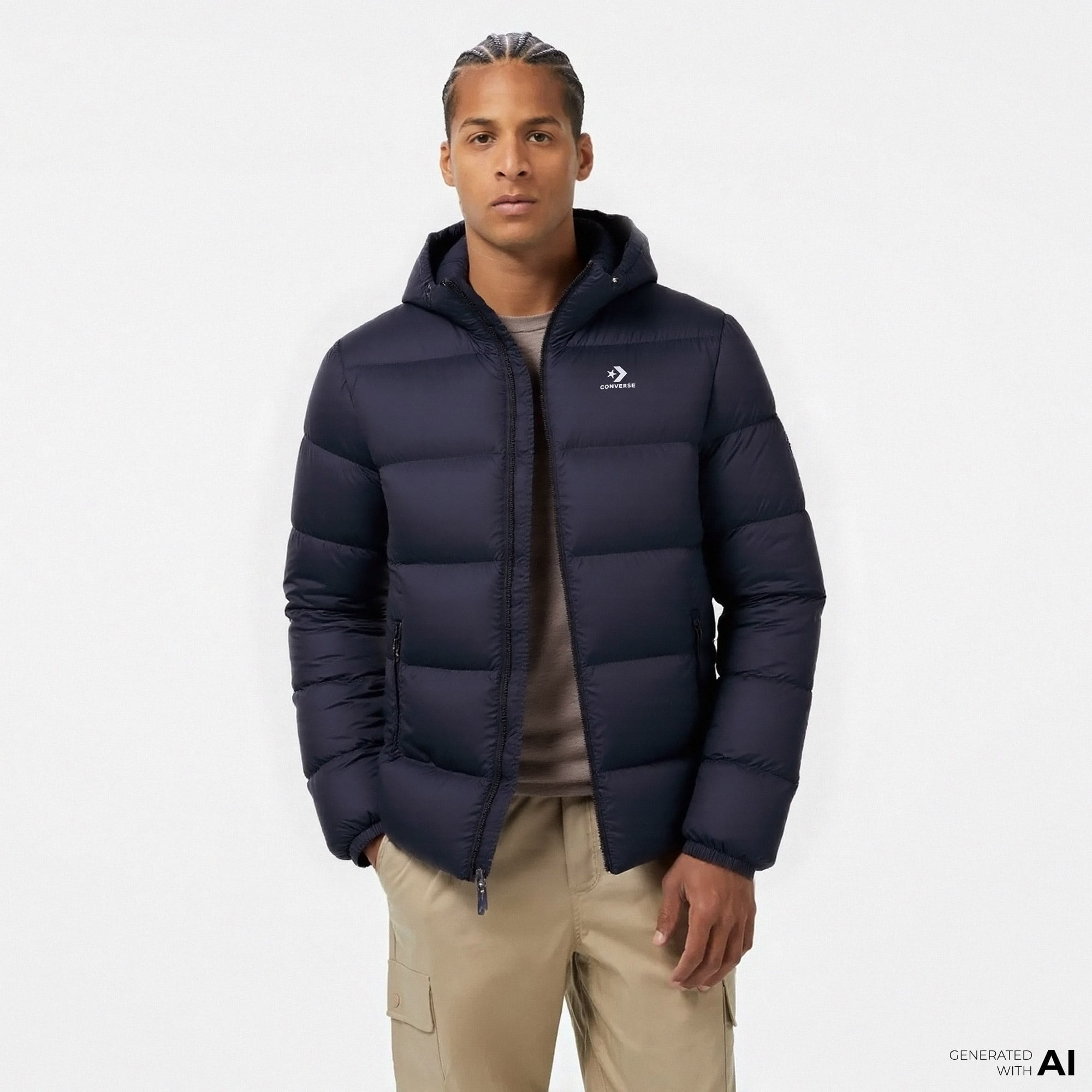 Converse Erkek Kapüşonlu Lacivert Şişme Mont