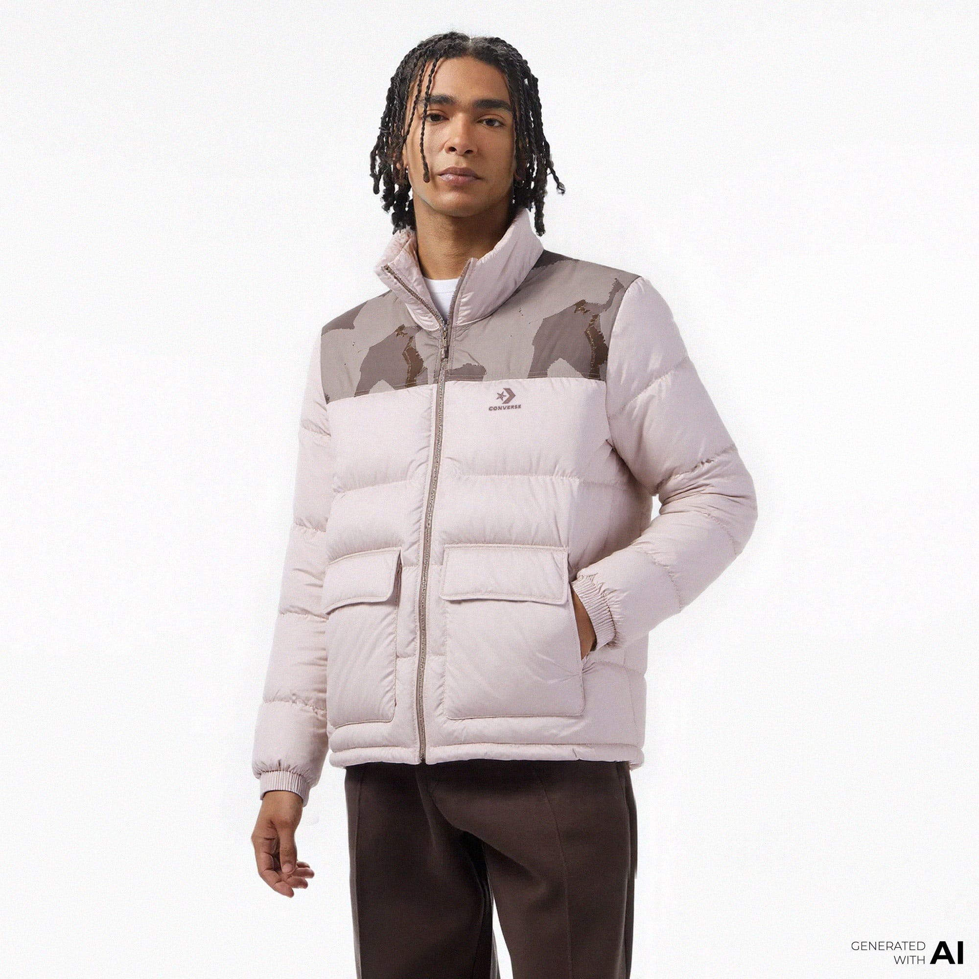 Converse Erkek Dik Yaka Bej Şişme Mont