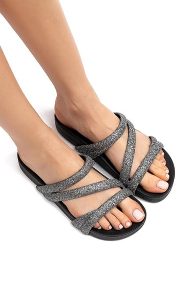  Glitter Tam Ad Kadın Terlik Gri Siyah 35/42