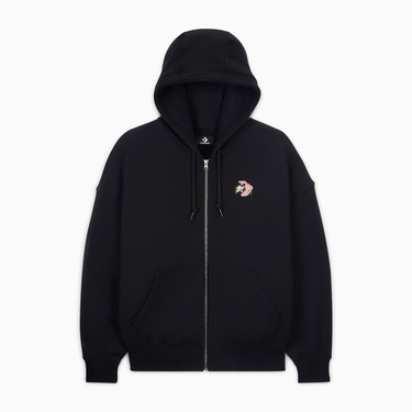  Converse Kadın Oversized Fit Fermuarlı Grafik Baskılı Siyah Hoodie