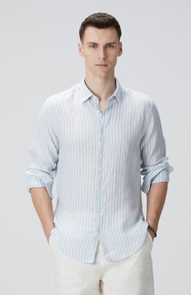  Network Erkek Mavi Beyaz Keten Gömlek
