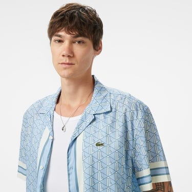  Lacoste Erkek Relaxed Fit Kısa Kollu Monogram Mavi Gömlek
