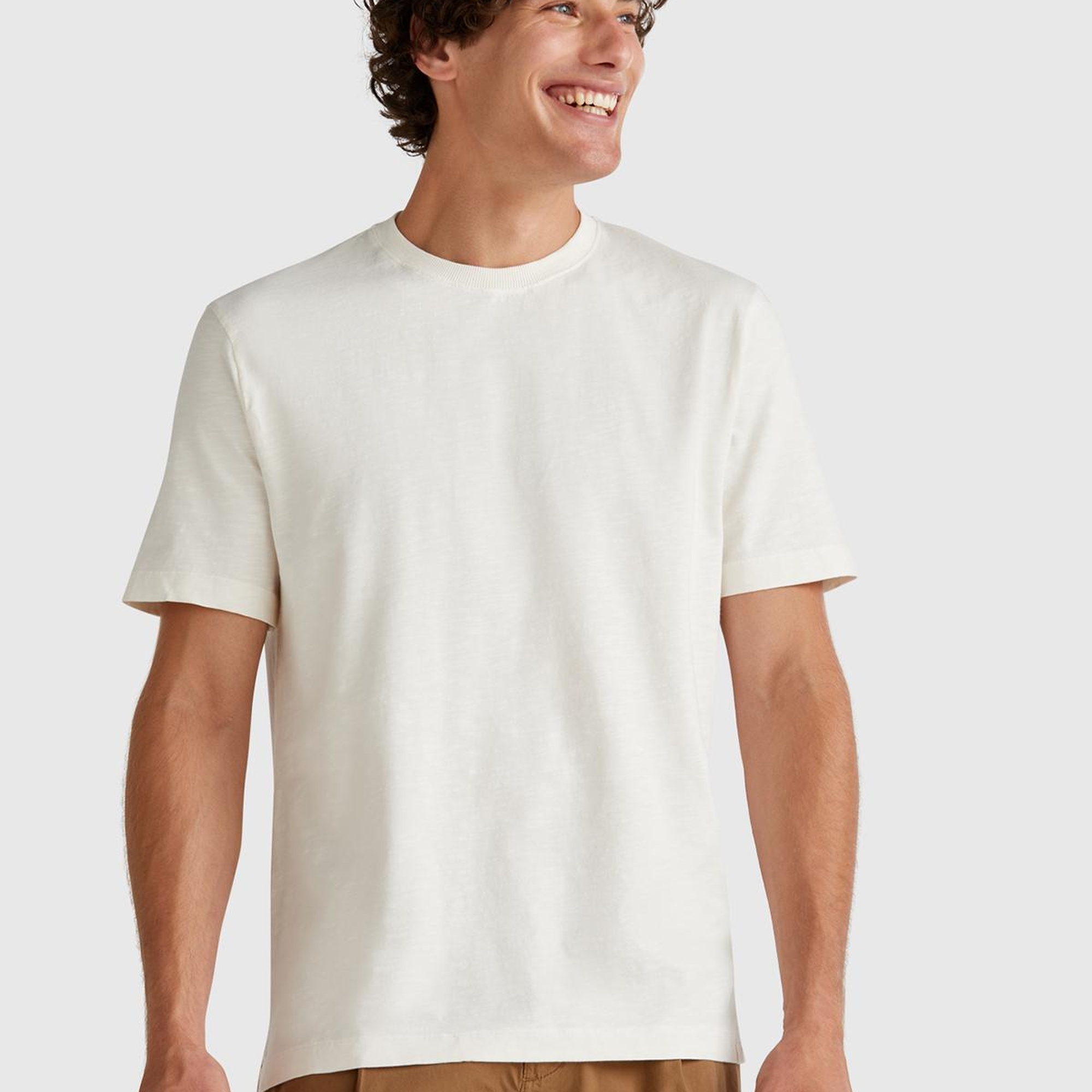 Erkek Taş Rengi %100 Koton Bisiklet Yaka Slub T-Shirt