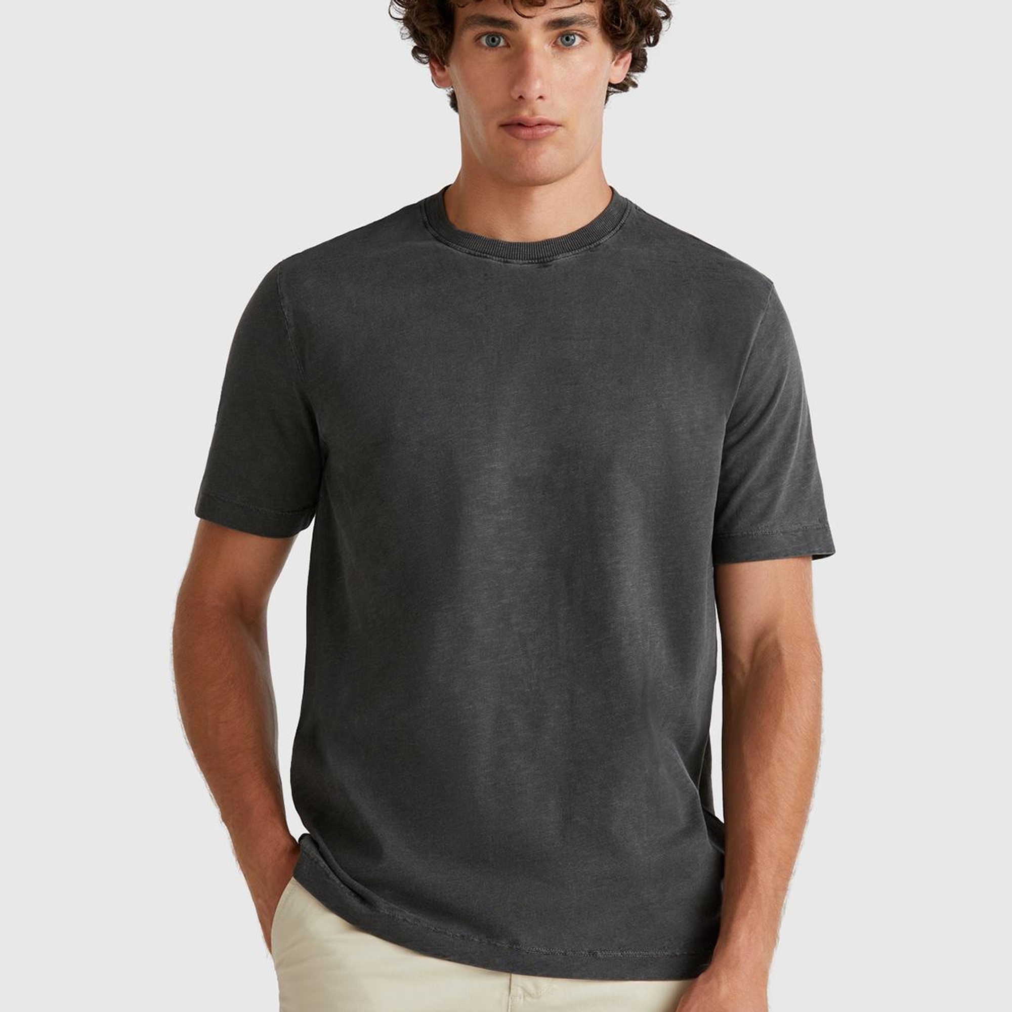 Erkek Siyah %100 Koton Bisiklet Yaka Slub T-Shirt